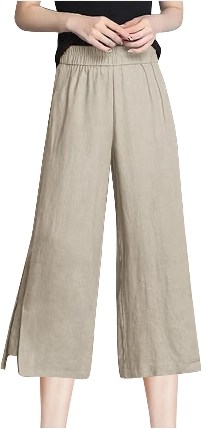 FZYLQY Women Summer Flowy Cotton Linen Palazzo Wide Leg Pants Beach High Waisted Trousers Vocation Solid Long Lounge Pants