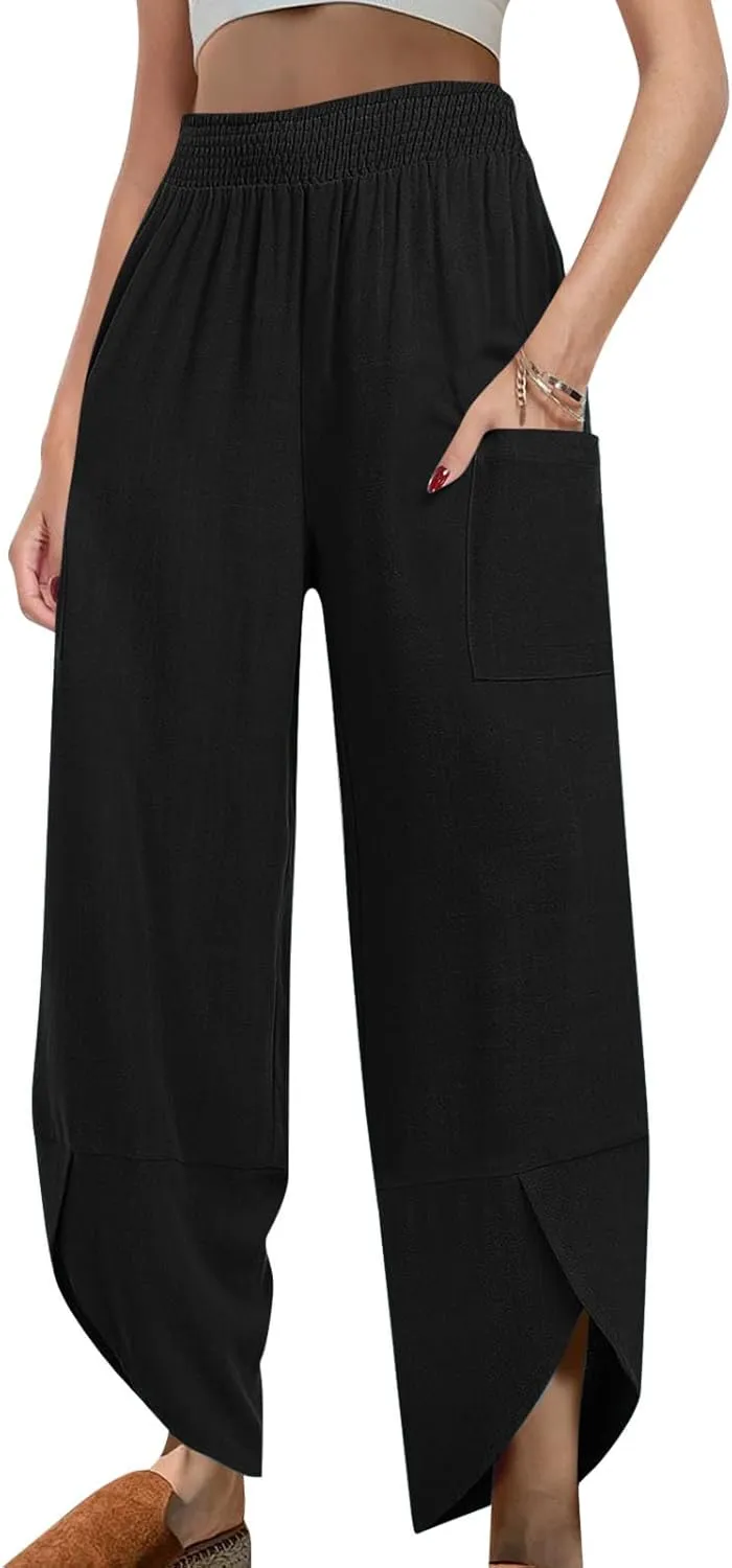 FZYLQY Womens Baggy Wide Leg Pants Casual Summer Linen Pants Elastic Waisted Casual Palazzo Harem Pants 2025 Beach Trousers