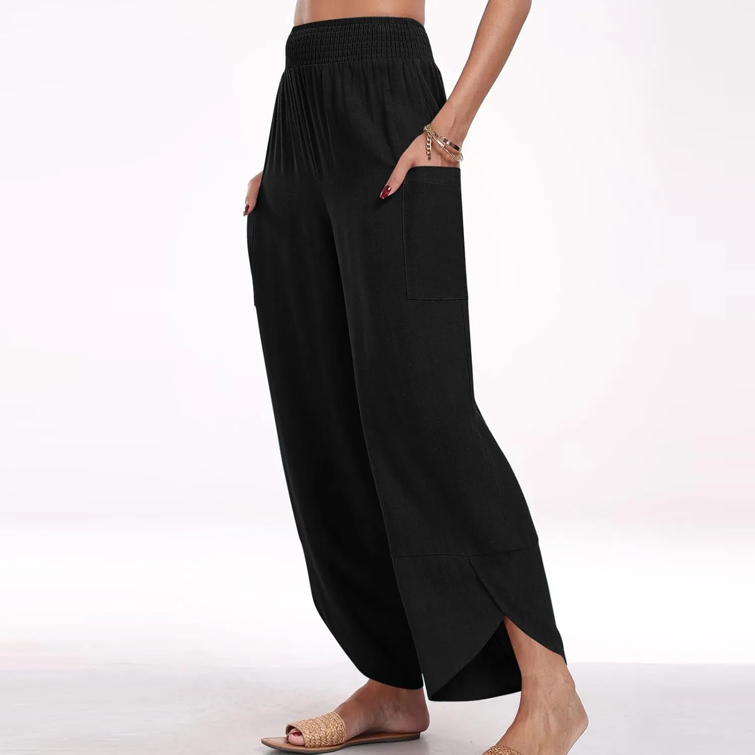 FZYLQY Womens Baggy Wide Leg Pants Casual Summer Linen Pants Elastic Waisted Casual Palazzo Harem Pants 2025 Beach Trousers