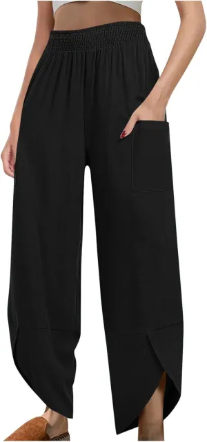 FZYLQY Womens Baggy Wide Leg Pants Casual Summer Linen Pants Elastic Waisted Casual Palazzo Harem Pants 2025 Beach Trousers