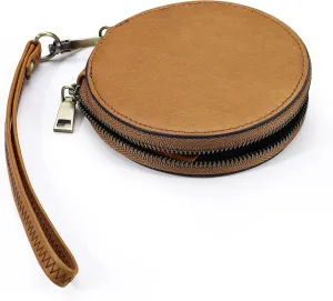 Genuine Leather Coin Purse with Hand Wrist Strap, Small Zipper Coin Pouch Change Purse, Lightweight Round Coin Wallet for Women (Brown)
