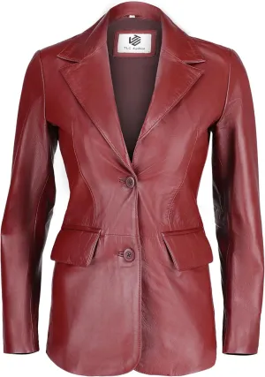 Genuine Soft Leather Blazer Women, Classic 2-Button Design, Casual Suit Style Real Lambskin Leather Jacket