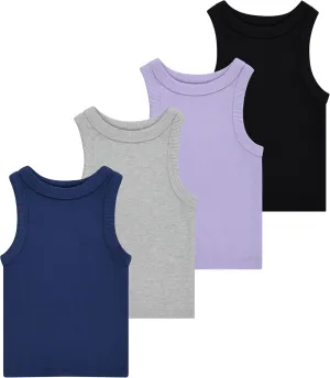 Girls' 4-Pack Ribbed Tank Tops  Sleeveless Cotton Blend Tees for Everyday Wear, Layering, or Summer Outfits (Sizes 4-14)