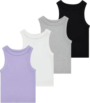 Girls' 4-Pack Ribbed Tank Tops  Sleeveless Cotton Blend Tees for Everyday Wear, Layering, or Summer Outfits (Sizes 4-14)