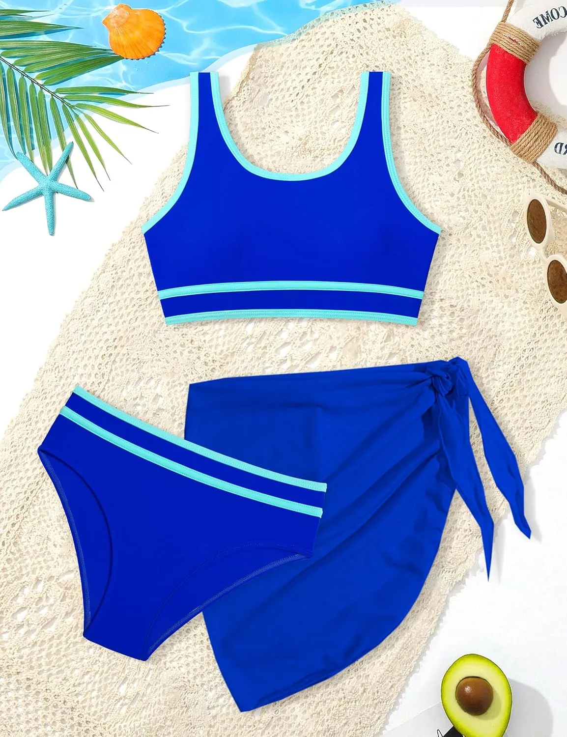 Girls Swimsuit Double Strap High Waist Sporty Bikini Swimsuits Swim Cover Up Skirt 3 Piece Set