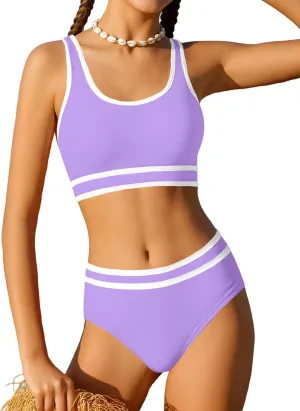 Girls Swimsuit Double Strap High Waist Sporty Bikini Swimsuits Swim Cover Up Skirt 3 Piece Set