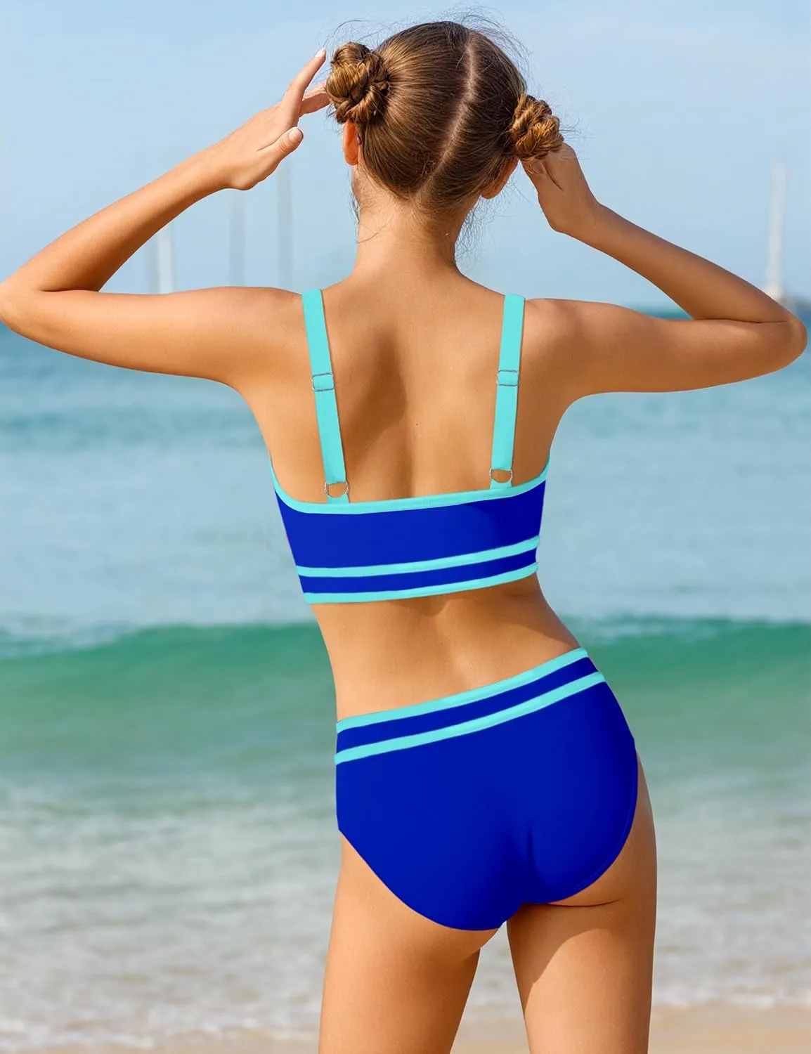 Girls Swimsuit Double Strap High Waist Sporty Bikini Swimsuits Swim Cover Up Skirt 3 Piece Set
