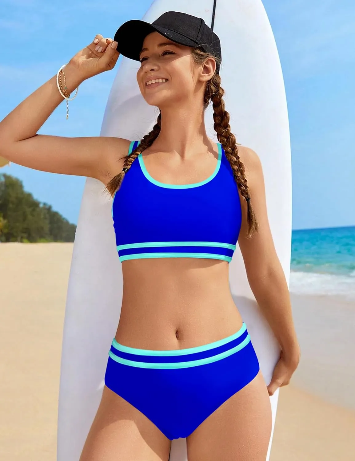 Girls Swimsuit Double Strap High Waist Sporty Bikini Swimsuits Swim Cover Up Skirt 3 Piece Set