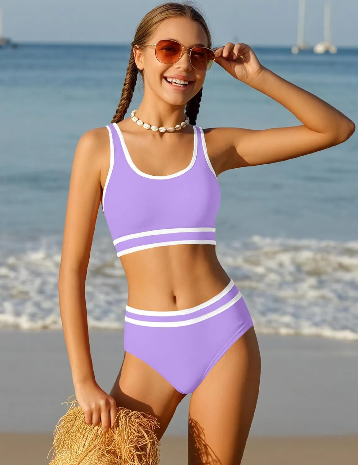 Girls Swimsuit Double Strap High Waist Sporty Bikini Swimsuits Swim Cover Up Skirt 3 Piece Set