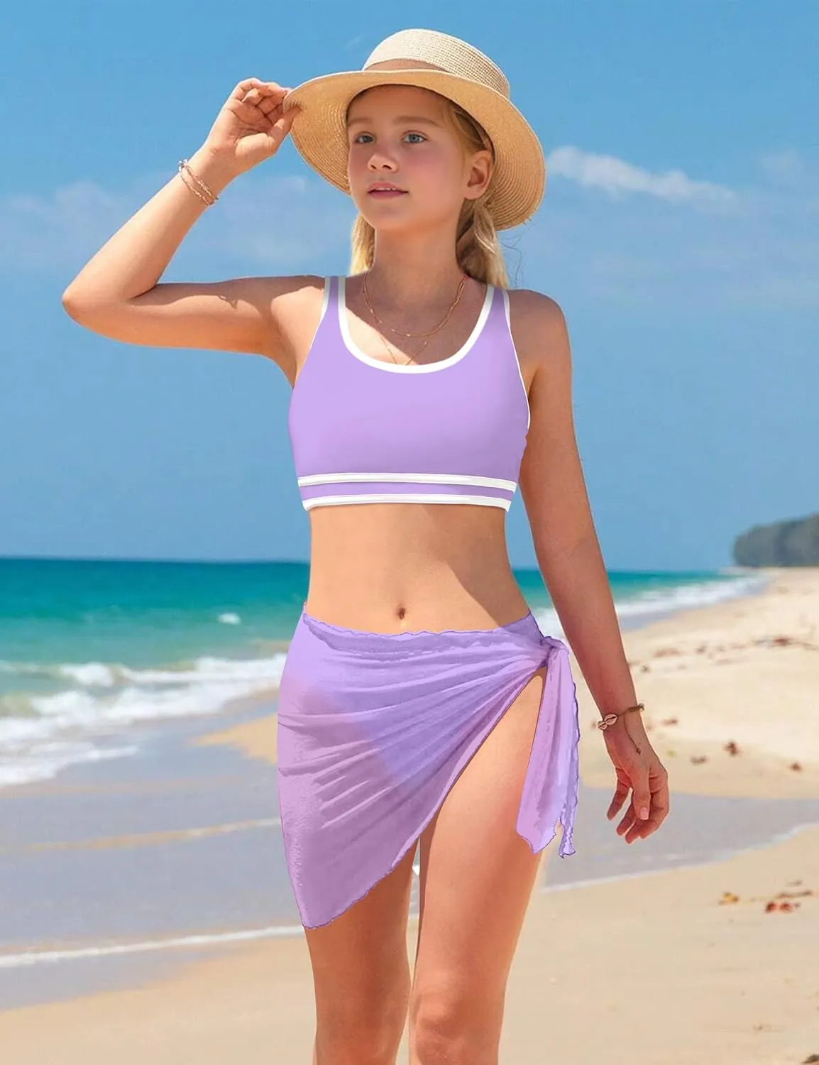 Girls Swimsuit Double Strap High Waist Sporty Bikini Swimsuits Swim Cover Up Skirt 3 Piece Set