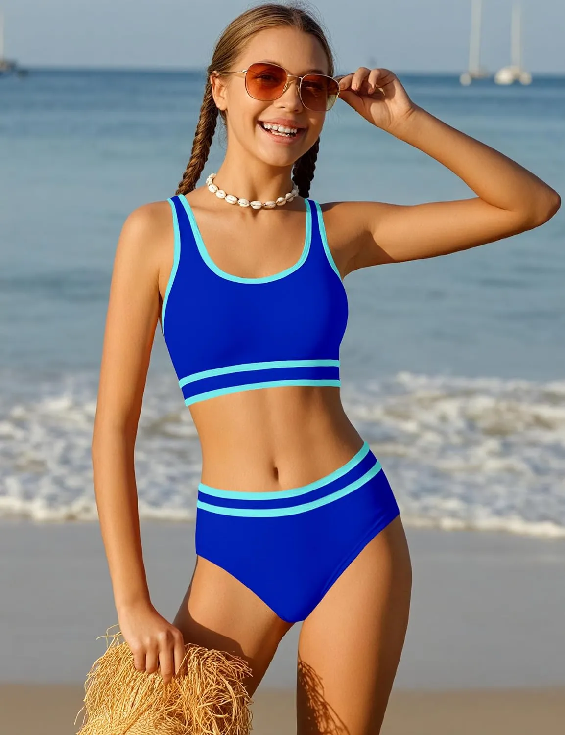 Girls Swimsuit Double Strap High Waist Sporty Bikini Swimsuits Swim Cover Up Skirt 3 Piece Set