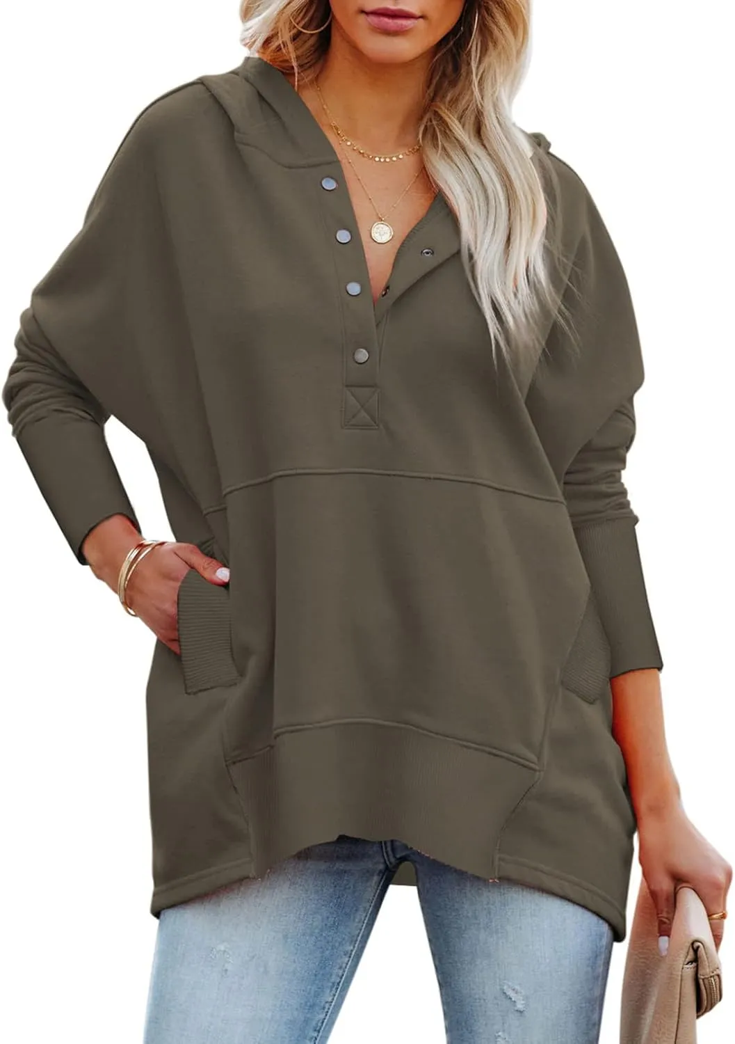 GLIENST Womens Casual Tunic Button Down V Neck Hoodies Oversized Pullover Sweatshirts Hooded Tops with Pockets