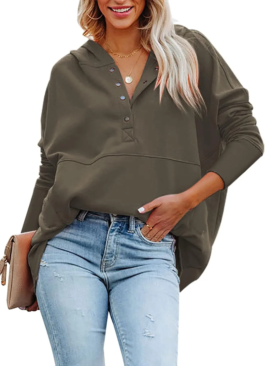 GLIENST Womens Casual Tunic Button Down V Neck Hoodies Oversized Pullover Sweatshirts Hooded Tops with Pockets