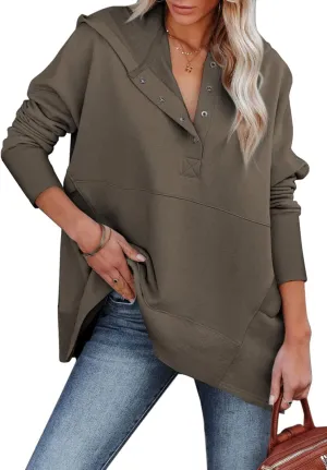 GLIENST Womens Casual Tunic Button Down V Neck Hoodies Oversized Pullover Sweatshirts Hooded Tops with Pockets