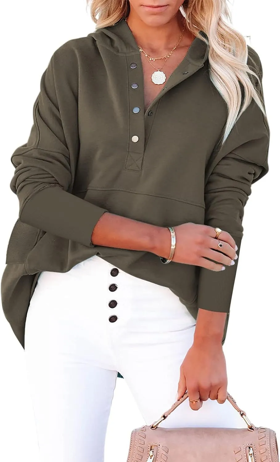 GLIENST Womens Casual Tunic Button Down V Neck Hoodies Oversized Pullover Sweatshirts Hooded Tops with Pockets