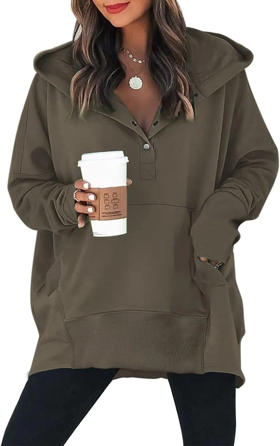 GLIENST Womens Casual Tunic Button Down V Neck Hoodies Oversized Pullover Sweatshirts Hooded Tops with Pockets