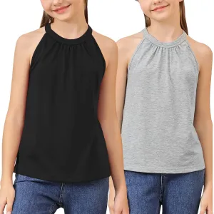 GORLYA 2 Pack Girls Halter Neck Summer Sleeveless Shirt Multipacks Casual Curvy Tank Tops for 6-14Y