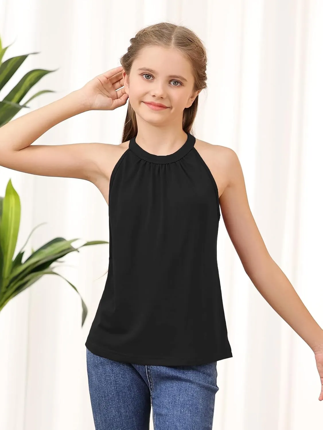 GORLYA 2 Pack Girls Halter Neck Summer Sleeveless Shirt Multipacks Casual Curvy Tank Tops for 6-14Y