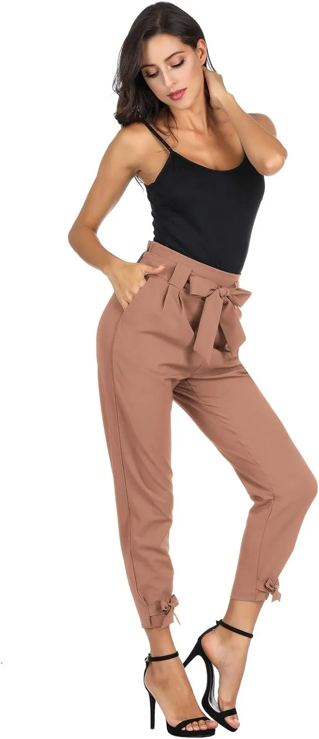 GRACE KARIN Womens Casual High Waist Pencil Pants with Pockets Bow-Knot Cropped Paper Bag Pants for Work