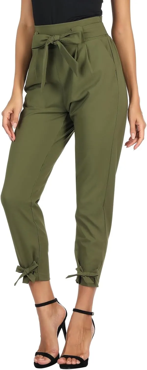 GRACE KARIN Womens Casual High Waist Pencil Pants with Pockets Bow-Knot Cropped Paper Bag Pants for Work