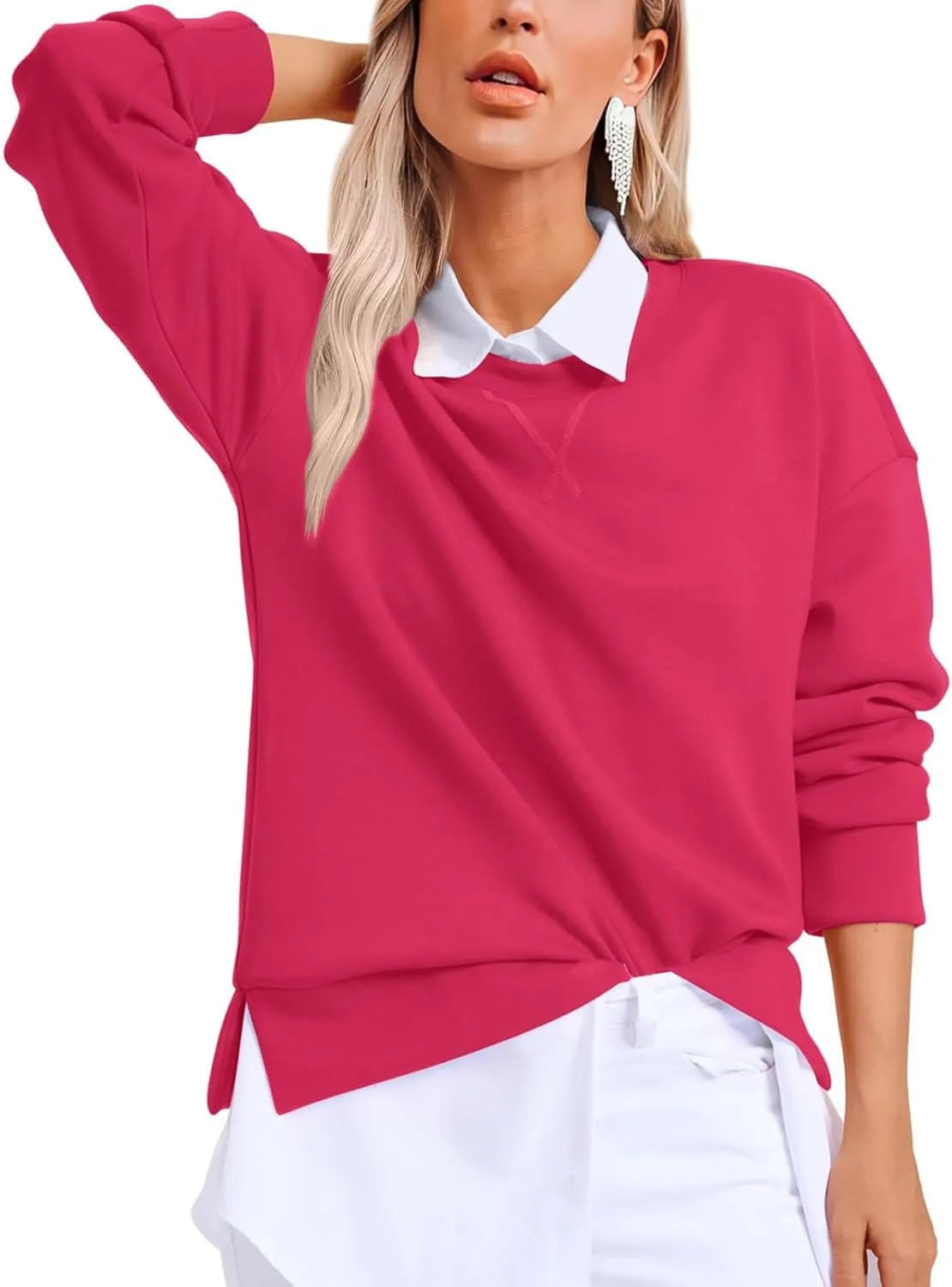 Gumipy Oversized Sweatshirt for Women Side Split Fleece Crewneck Sweatshirts Long Sleeve Womens Sweatshirt Spring Clothes