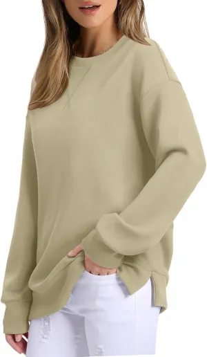 Gumipy Oversized Sweatshirt for Women Side Split Fleece Crewneck Sweatshirts Long Sleeve Womens Sweatshirt Spring Clothes