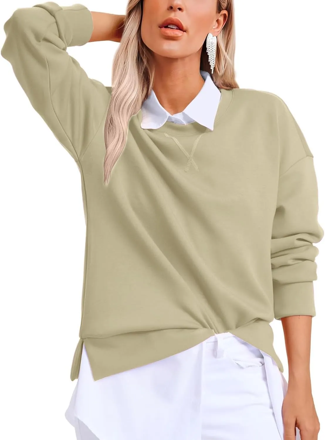 Gumipy Oversized Sweatshirt for Women Side Split Fleece Crewneck Sweatshirts Long Sleeve Womens Sweatshirt Spring Clothes