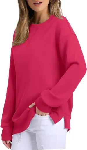 Gumipy Oversized Sweatshirt for Women Side Split Fleece Crewneck Sweatshirts Long Sleeve Womens Sweatshirt Spring Clothes