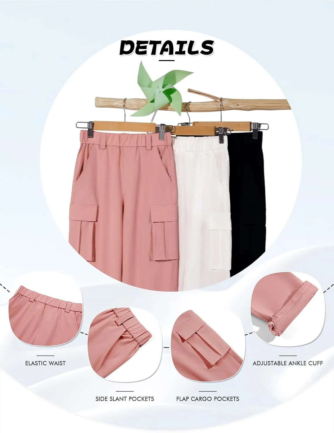 Haloumoning Girls Cargo Pants Casual Baggy Wide Leg Elastic Waist Jogger Trousers with Pockets 5-14 Years