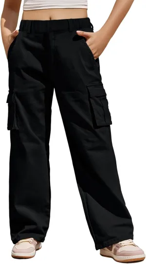 Haloumoning Girls Cargo Pants Casual Baggy Wide Leg Elastic Waist Jogger Trousers with Pockets 5-14 Years