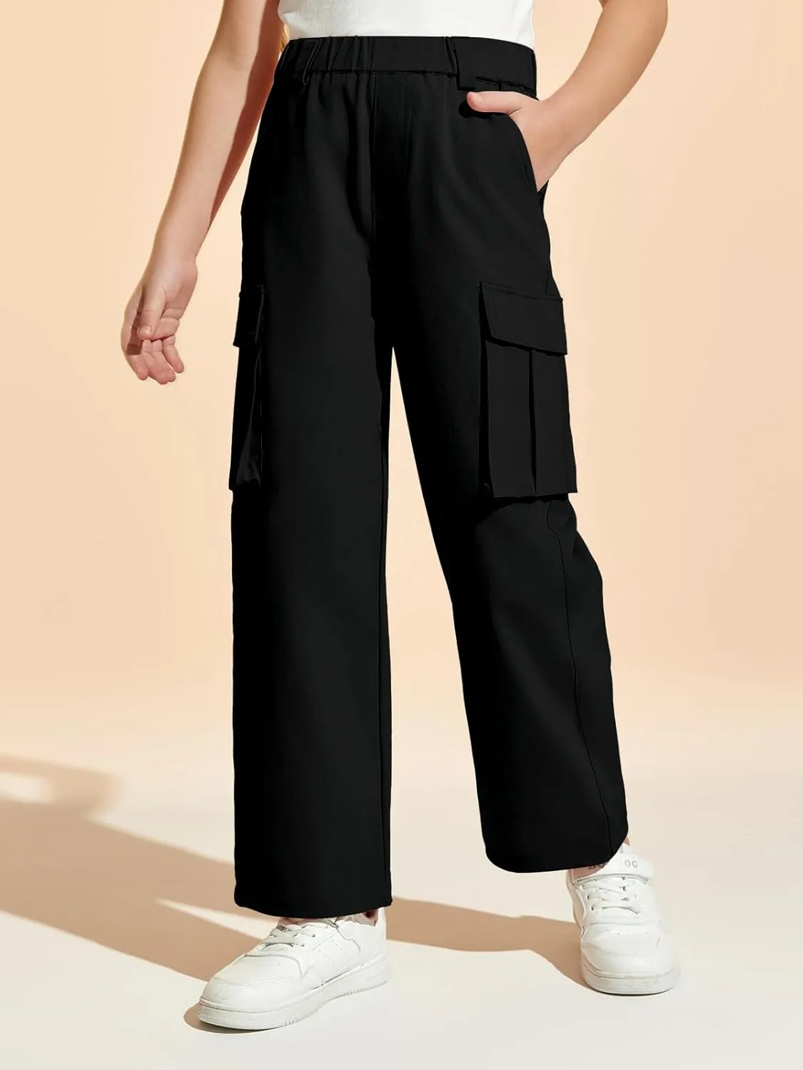 Haloumoning Girls Cargo Pants Casual Baggy Wide Leg Elastic Waist Jogger Trousers with Pockets 5-14 Years