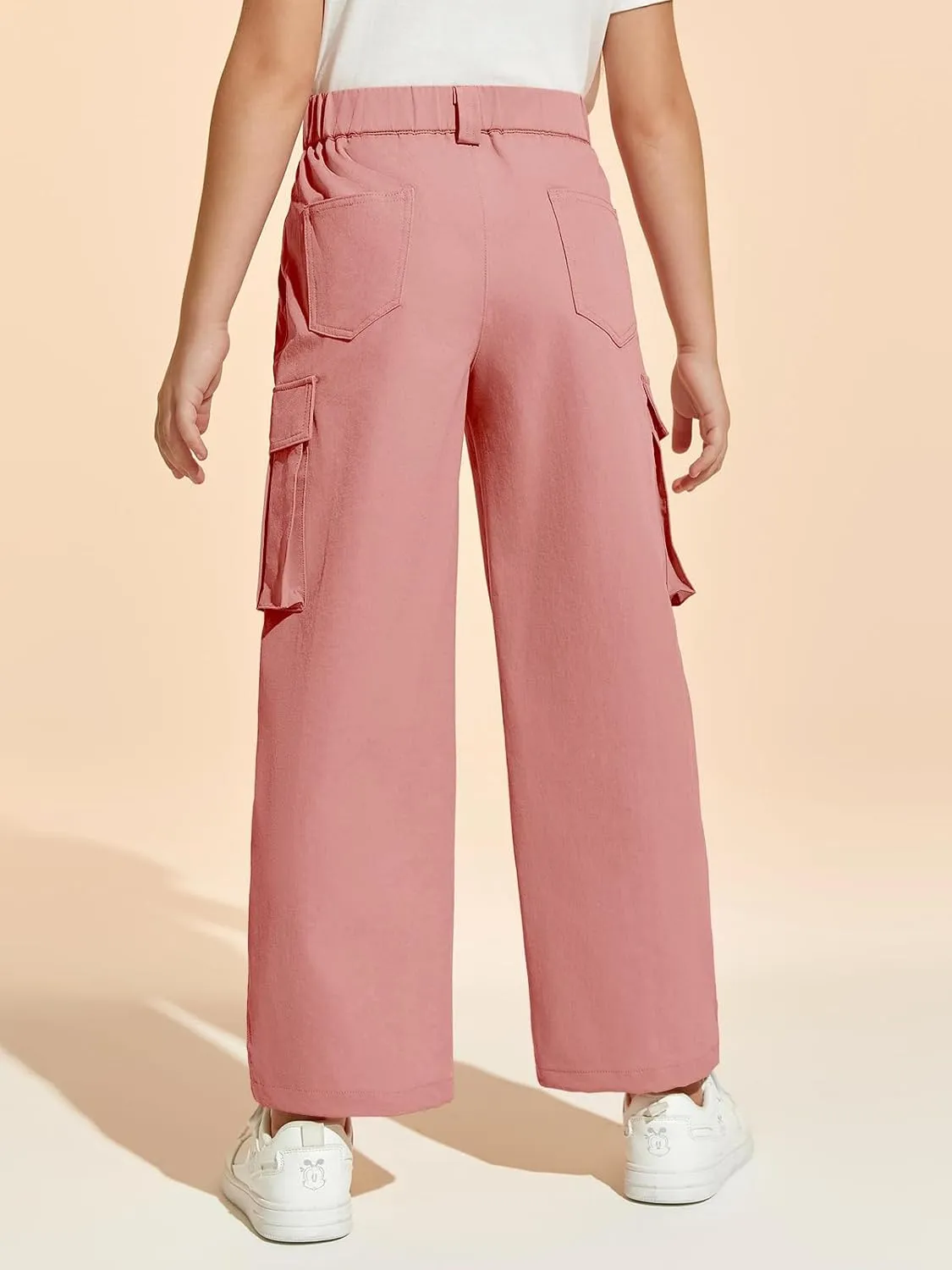 Haloumoning Girls Cargo Pants Casual Baggy Wide Leg Elastic Waist Jogger Trousers with Pockets 5-14 Years