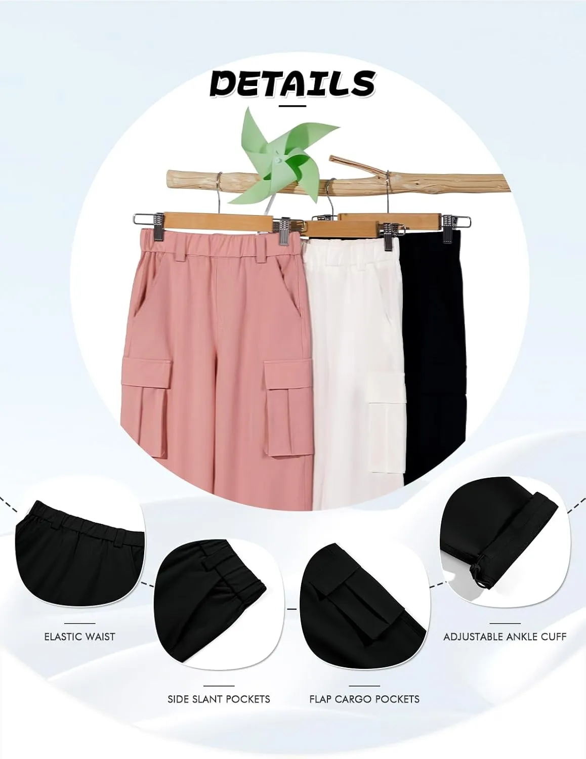 Haloumoning Girls Cargo Pants Casual Baggy Wide Leg Elastic Waist Jogger Trousers with Pockets 5-14 Years