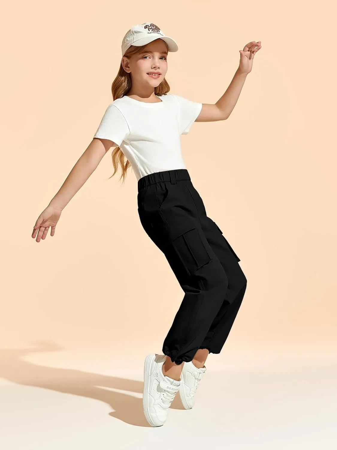 Haloumoning Girls Cargo Pants Casual Baggy Wide Leg Elastic Waist Jogger Trousers with Pockets 5-14 Years