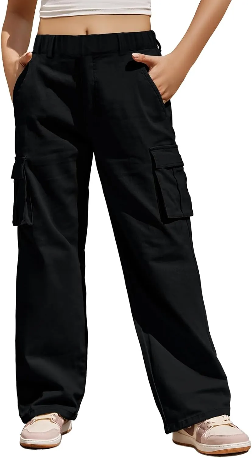 Haloumoning Girls Cargo Pants Casual Baggy Wide Leg Elastic Waist Jogger Trousers with Pockets 5-14 Years