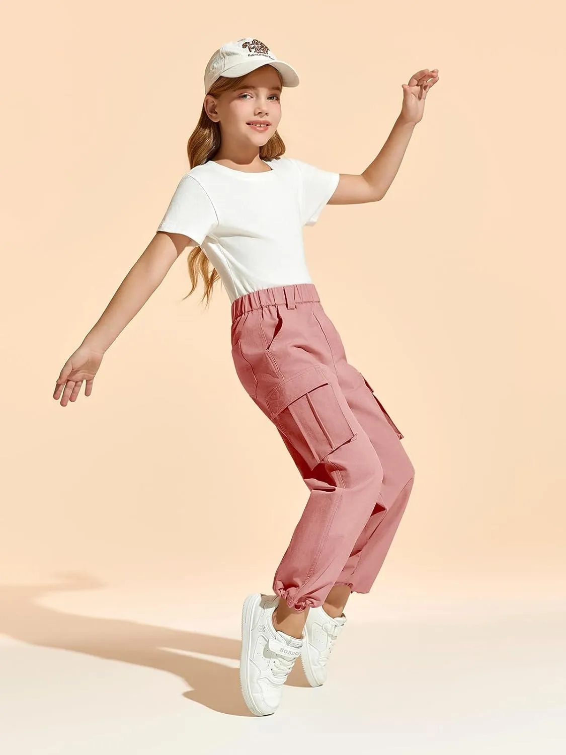 Haloumoning Girls Cargo Pants Casual Baggy Wide Leg Elastic Waist Jogger Trousers with Pockets 5-14 Years