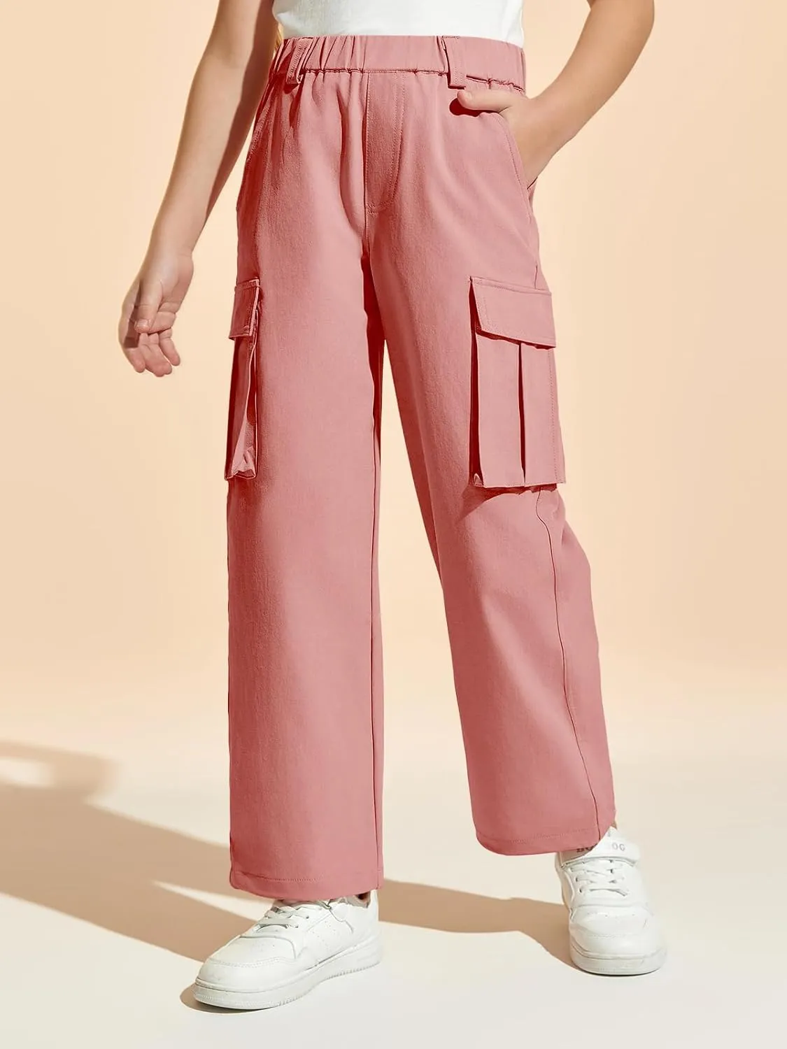 Haloumoning Girls Cargo Pants Casual Baggy Wide Leg Elastic Waist Jogger Trousers with Pockets 5-14 Years