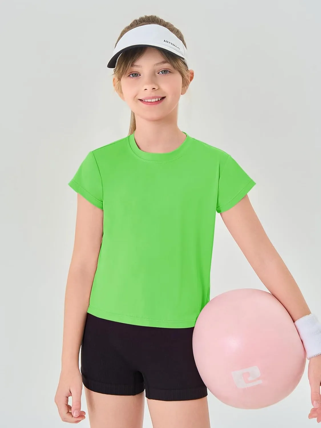 Haloumoning Girls Loose Athletic Shirts Short Sleeve Crop Tops Kids Quick Dry Gym Yoga Tees 5-14 Years