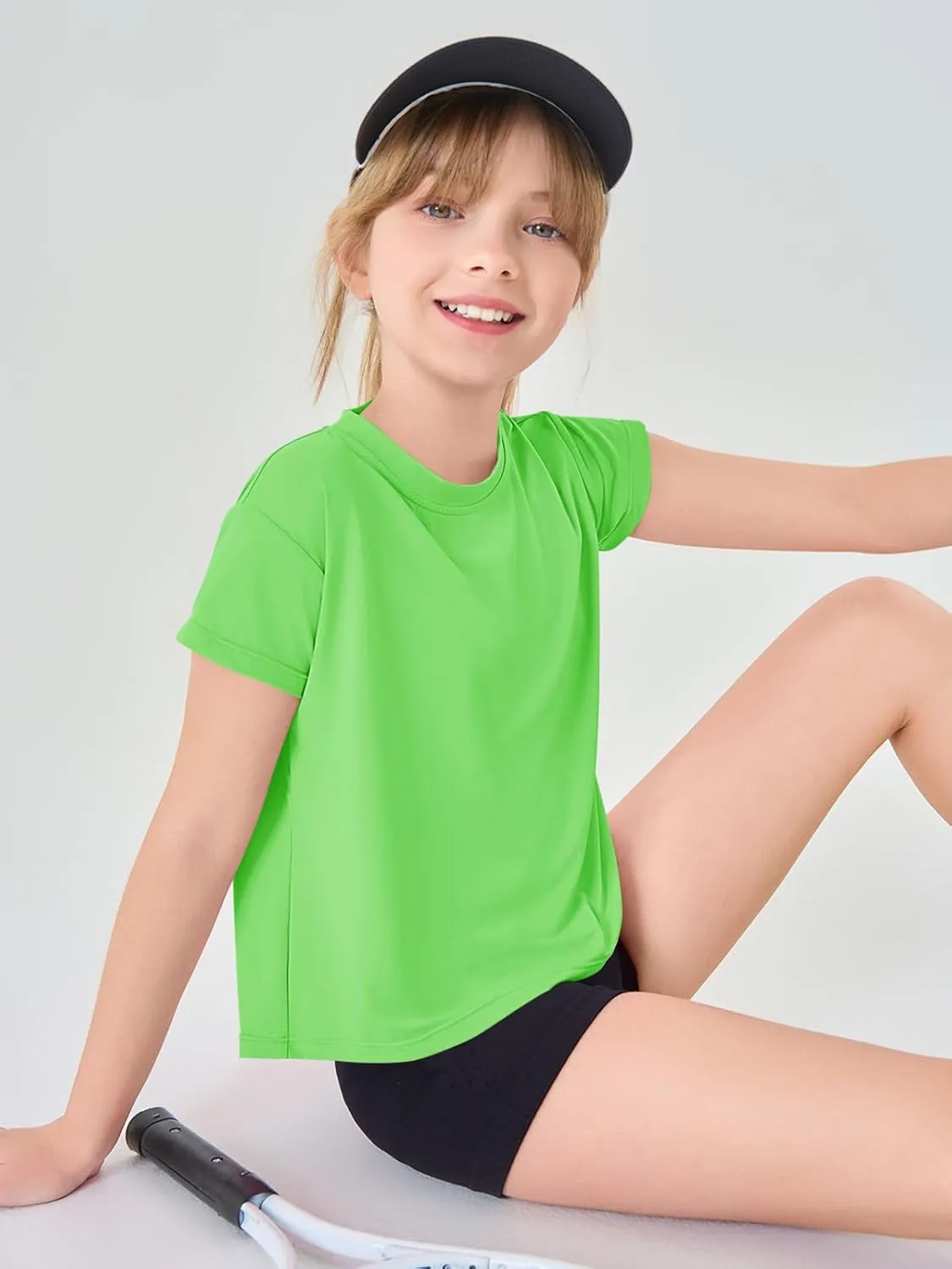 Haloumoning Girls Loose Athletic Shirts Short Sleeve Crop Tops Kids Quick Dry Gym Yoga Tees 5-14 Years