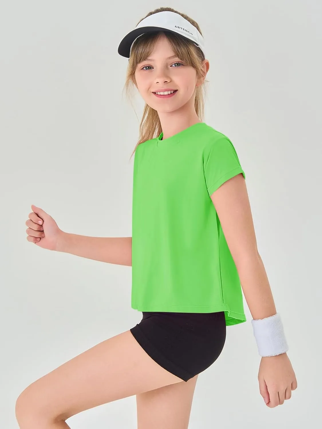 Haloumoning Girls Loose Athletic Shirts Short Sleeve Crop Tops Kids Quick Dry Gym Yoga Tees 5-14 Years