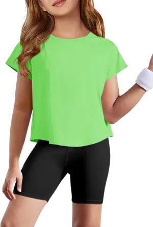 Haloumoning Girls Loose Athletic Shirts Short Sleeve Crop Tops Kids Quick Dry Gym Yoga Tees 5-14 Years
