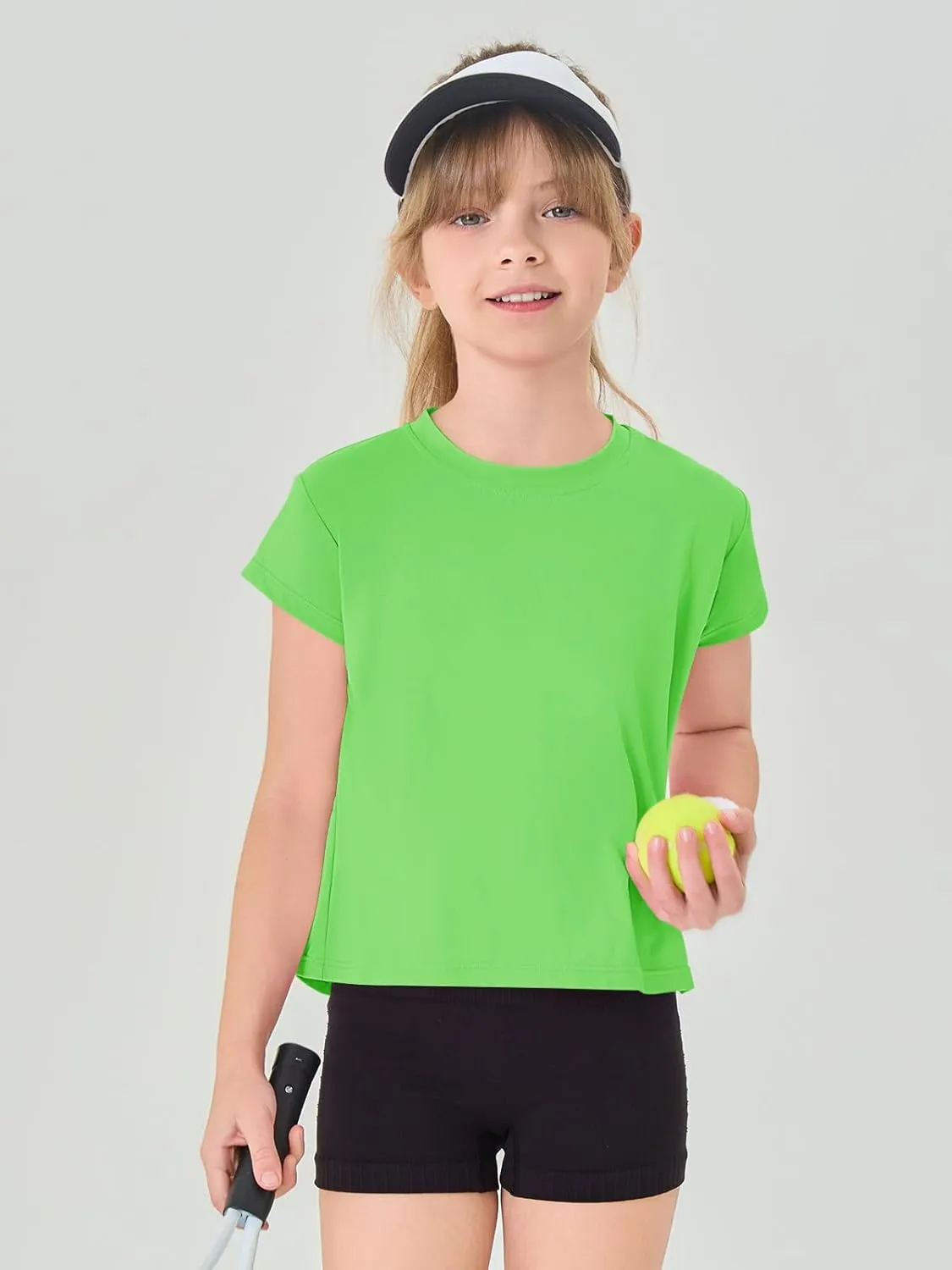 Haloumoning Girls Loose Athletic Shirts Short Sleeve Crop Tops Kids Quick Dry Gym Yoga Tees 5-14 Years