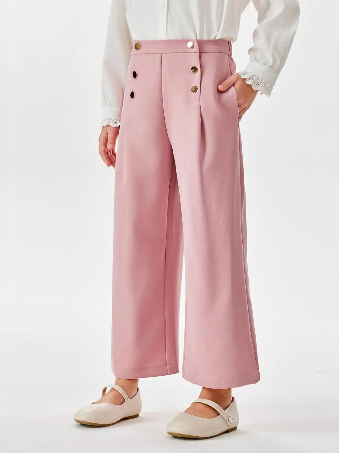 Haloumoning Girls Wide Leg Pants Kids Fashion Elastic Waist Front Button Trousers with Pockets 5-14 Years