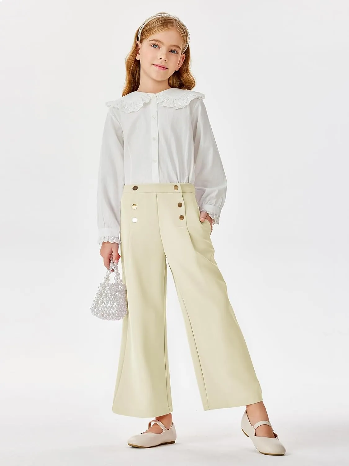 Haloumoning Girls Wide Leg Pants Kids Fashion Elastic Waist Front Button Trousers with Pockets 5-14 Years