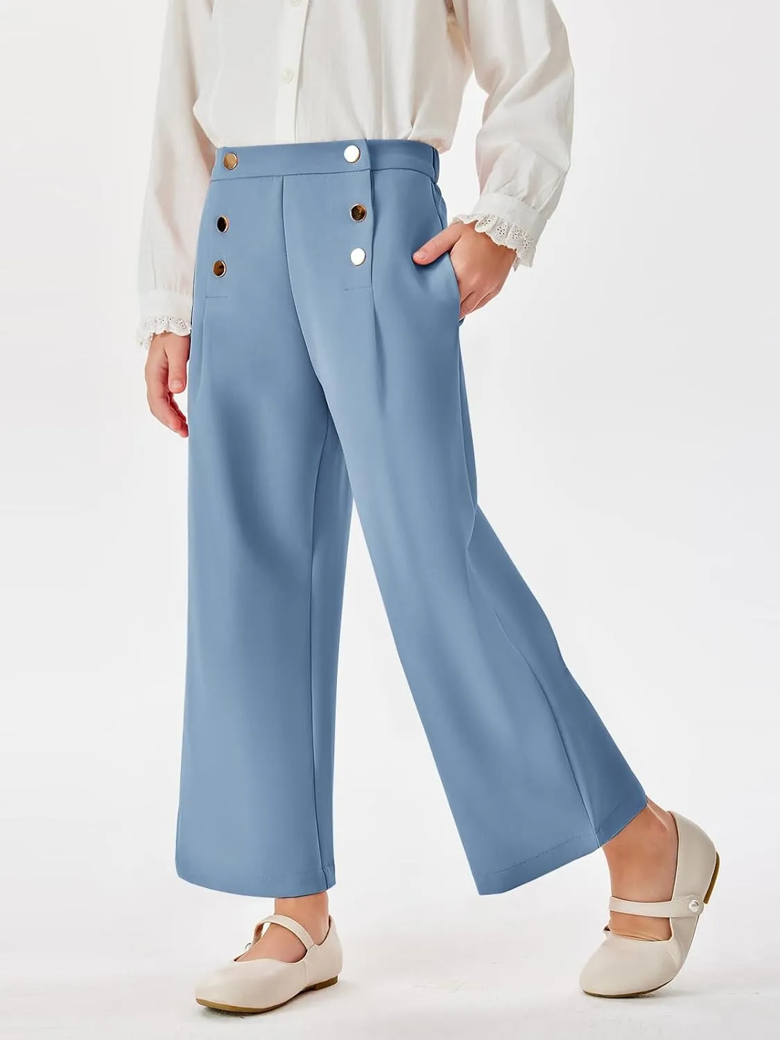 Haloumoning Girls Wide Leg Pants Kids Fashion Elastic Waist Front Button Trousers with Pockets 5-14 Years
