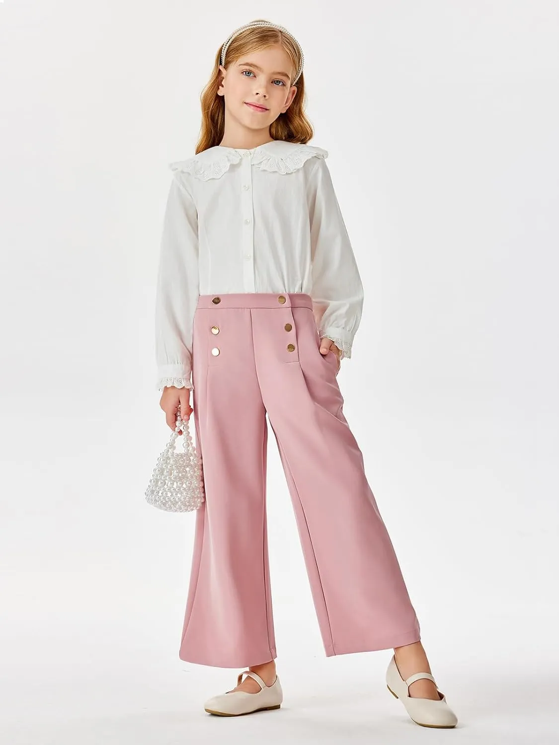 Haloumoning Girls Wide Leg Pants Kids Fashion Elastic Waist Front Button Trousers with Pockets 5-14 Years