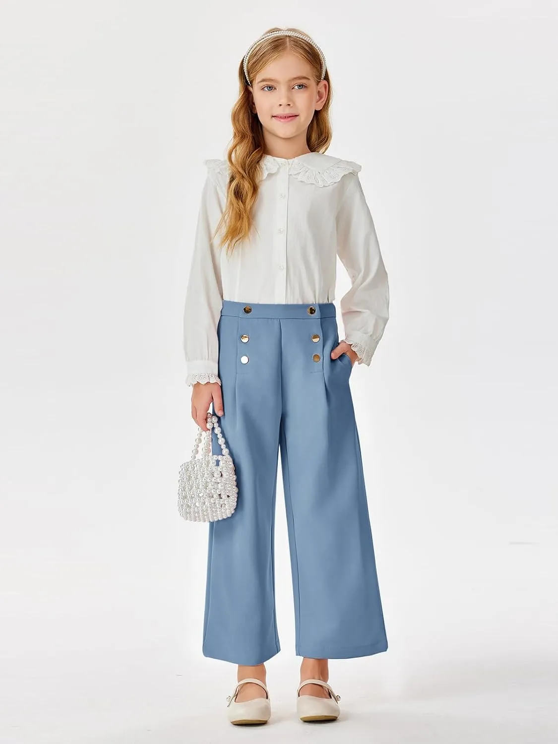 Haloumoning Girls Wide Leg Pants Kids Fashion Elastic Waist Front Button Trousers with Pockets 5-14 Years