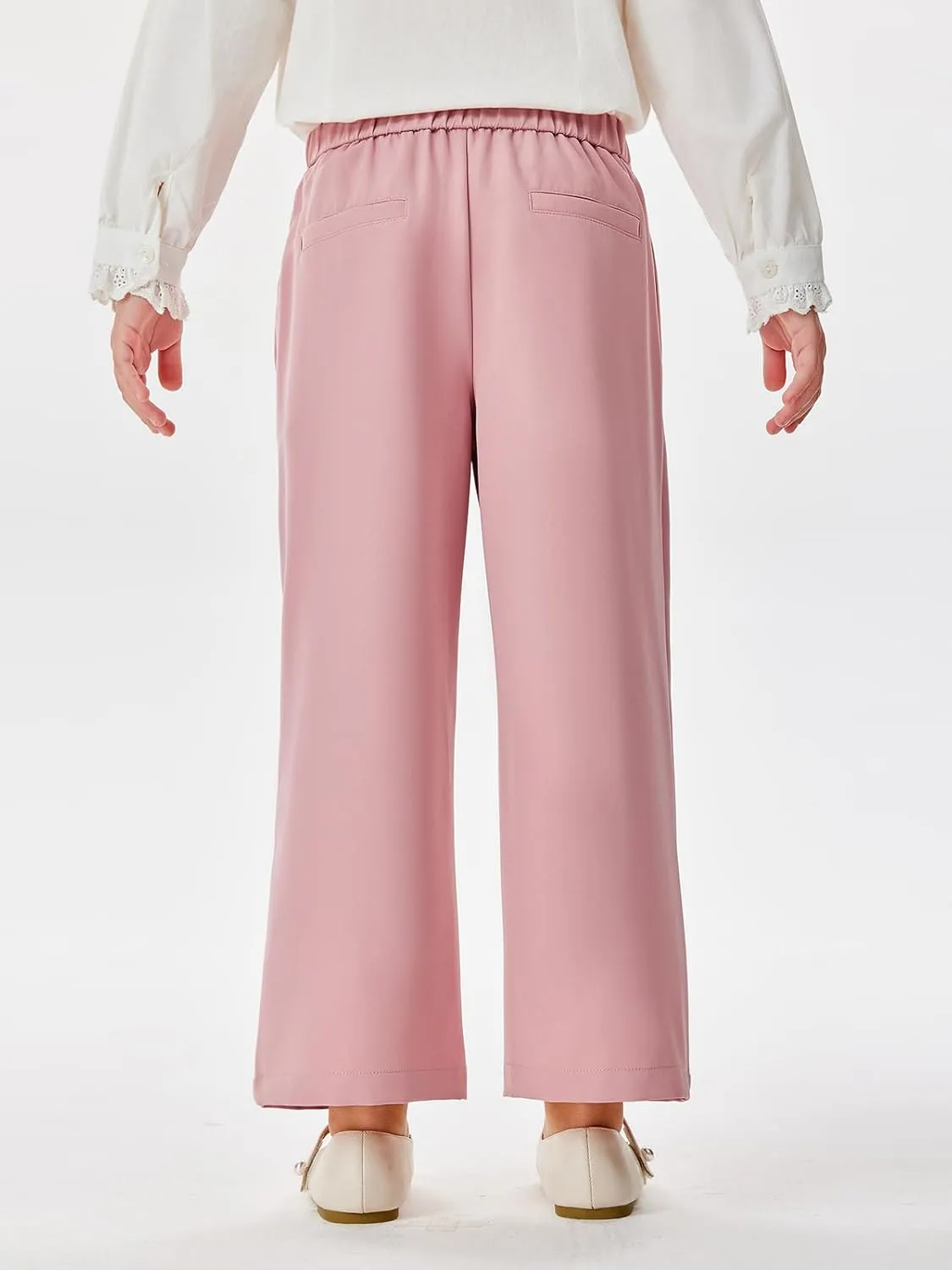 Haloumoning Girls Wide Leg Pants Kids Fashion Elastic Waist Front Button Trousers with Pockets 5-14 Years