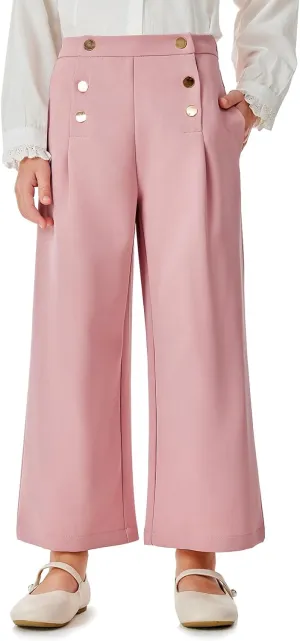 Haloumoning Girls Wide Leg Pants Kids Fashion Elastic Waist Front Button Trousers with Pockets 5-14 Years