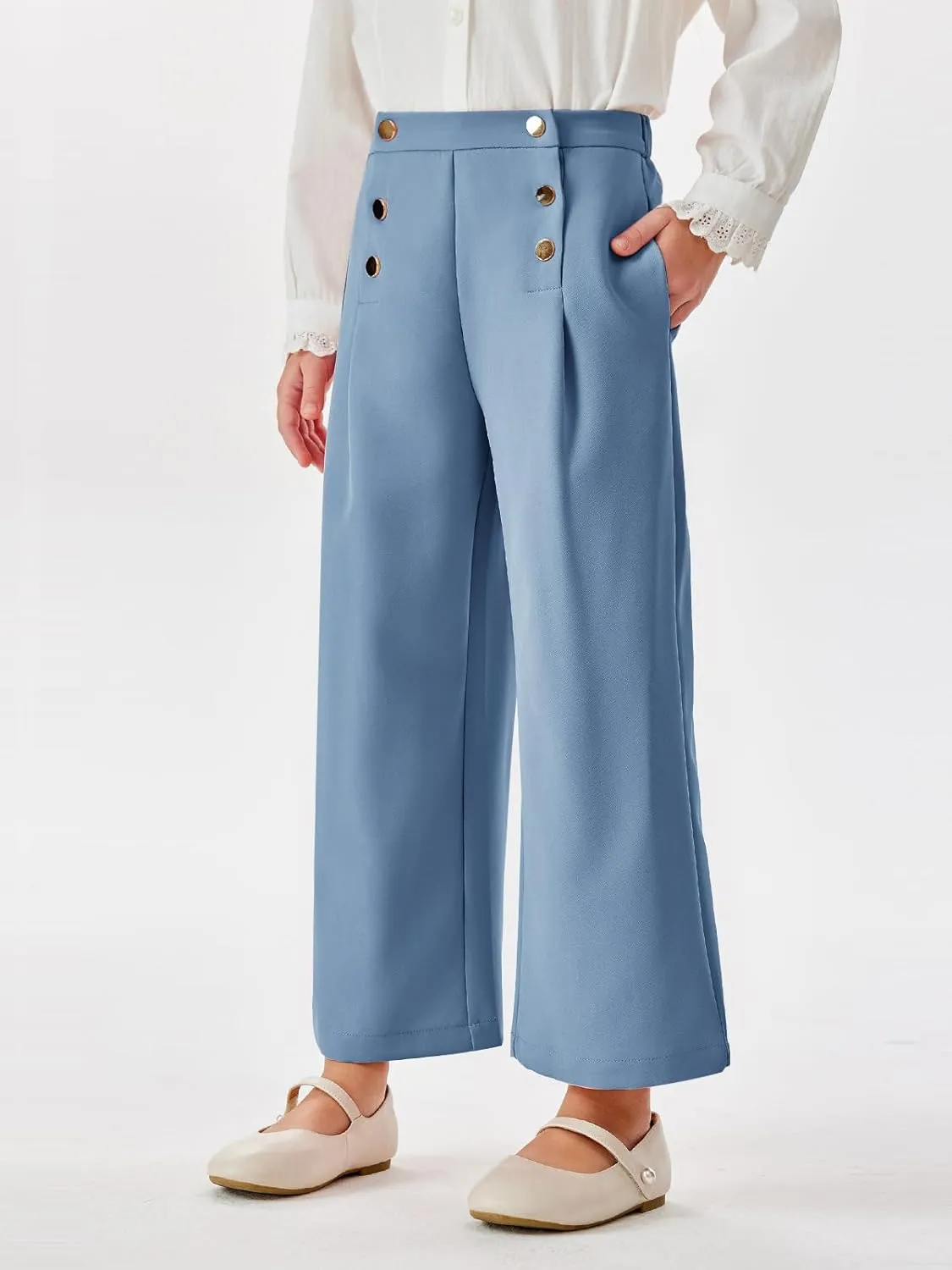 Haloumoning Girls Wide Leg Pants Kids Fashion Elastic Waist Front Button Trousers with Pockets 5-14 Years